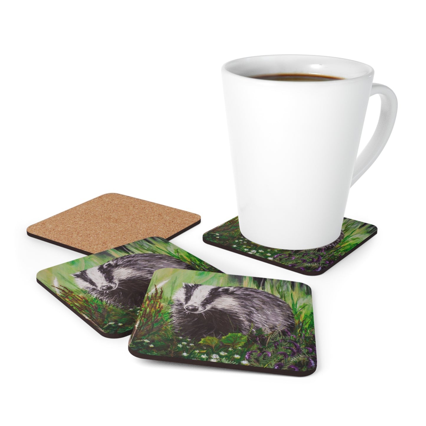 Mrs. Badger out Foraging Corkwood Coaster Set