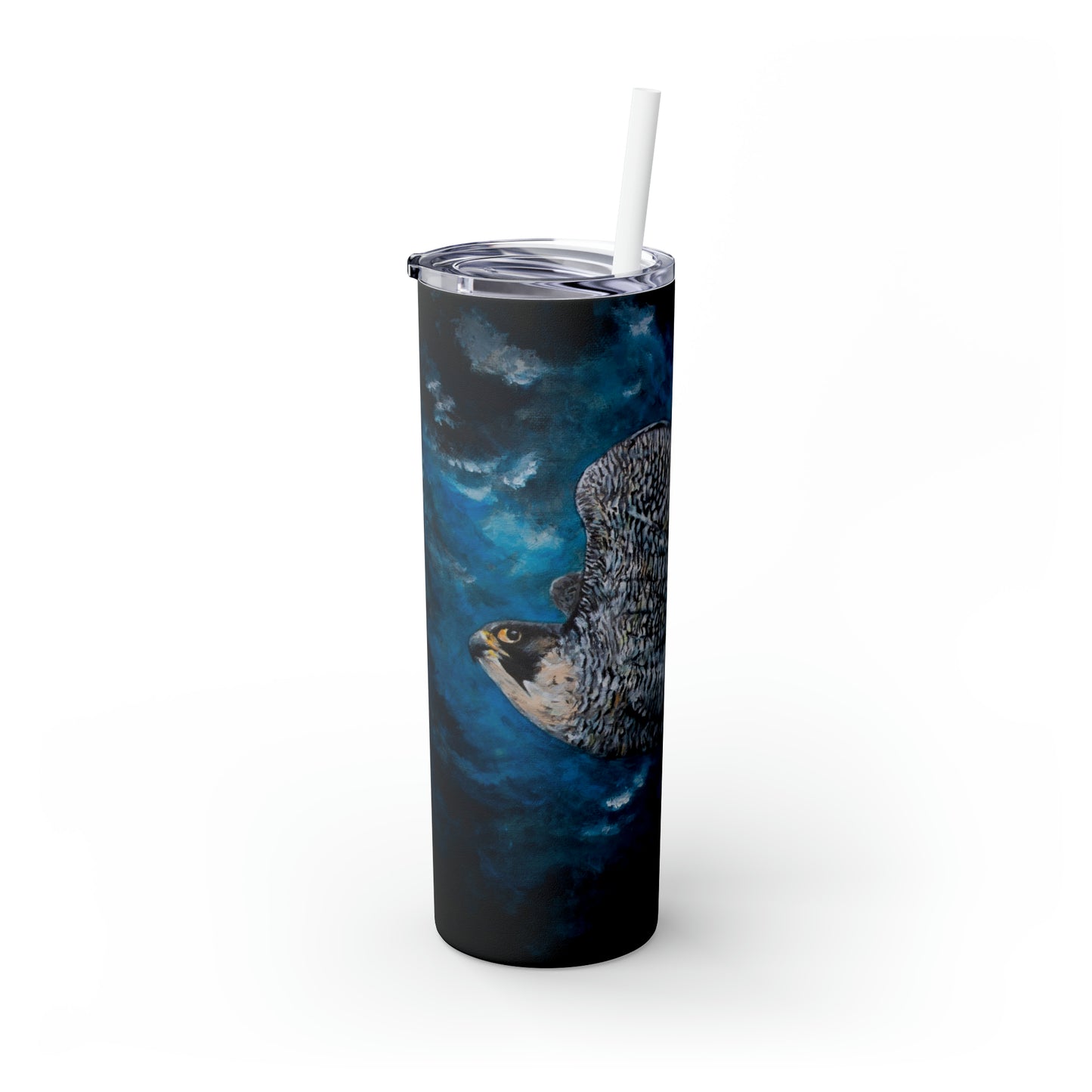 Peregrine Flying Through Moody Sky's Skinny Tumbler with Straw, 20oz