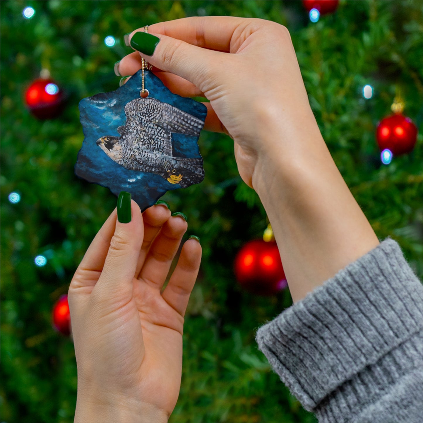 Peregrine Flying Through Moody Sky's Ceramic Ornament, 4 Shapes