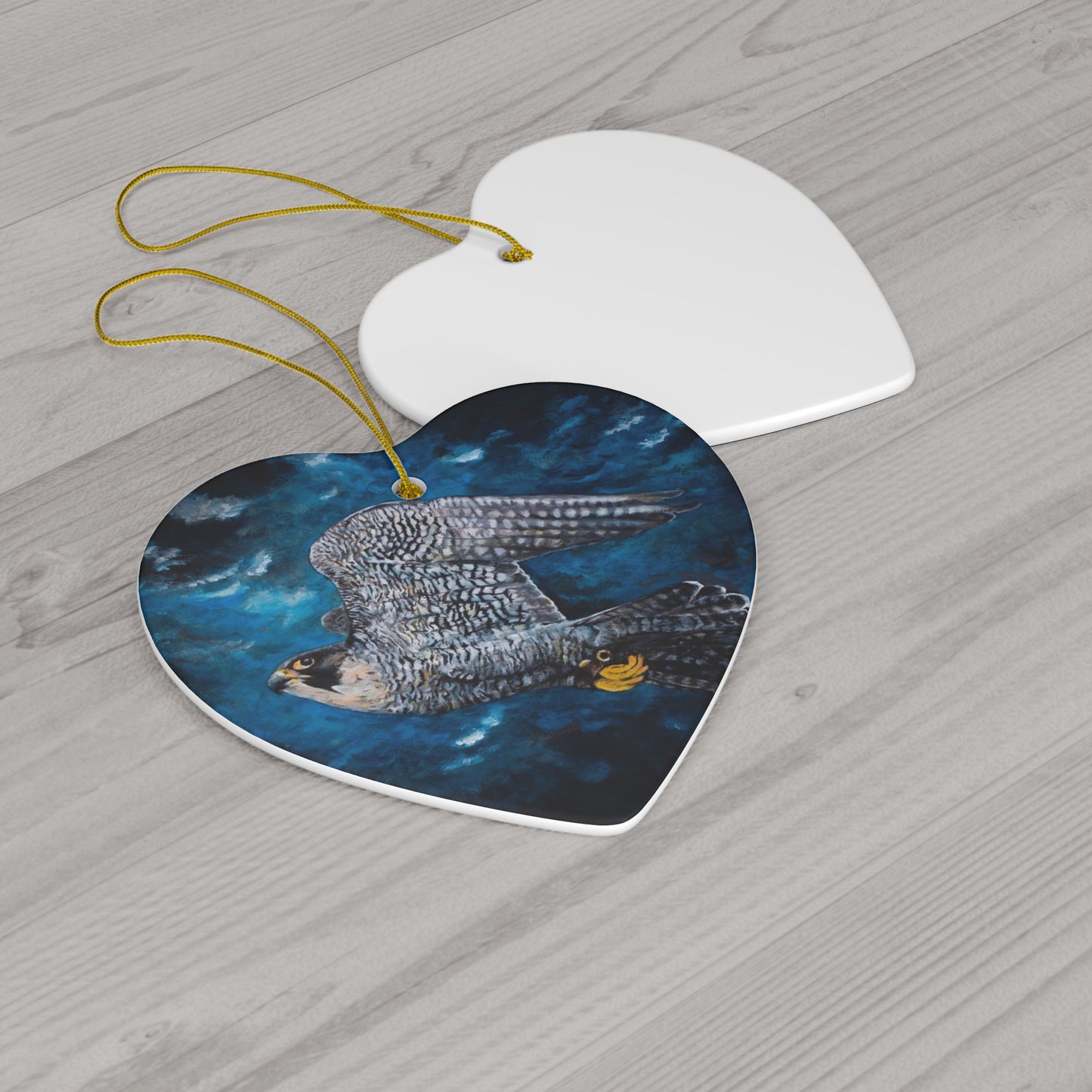 Peregrine Flying Through Moody Sky's Ceramic Ornament, 4 Shapes