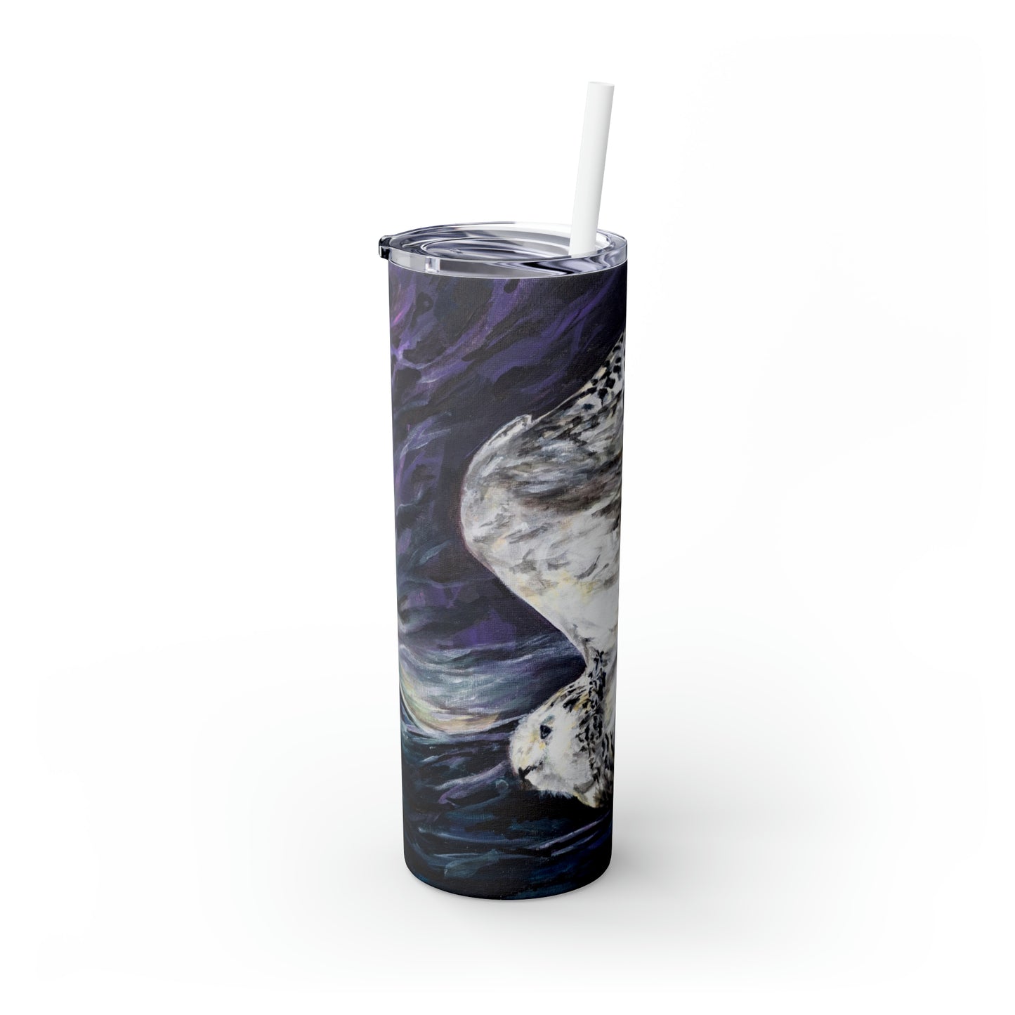 Aurora Snowy Owl under the Northern Lights Skinny Tumbler with Straw, 20oz