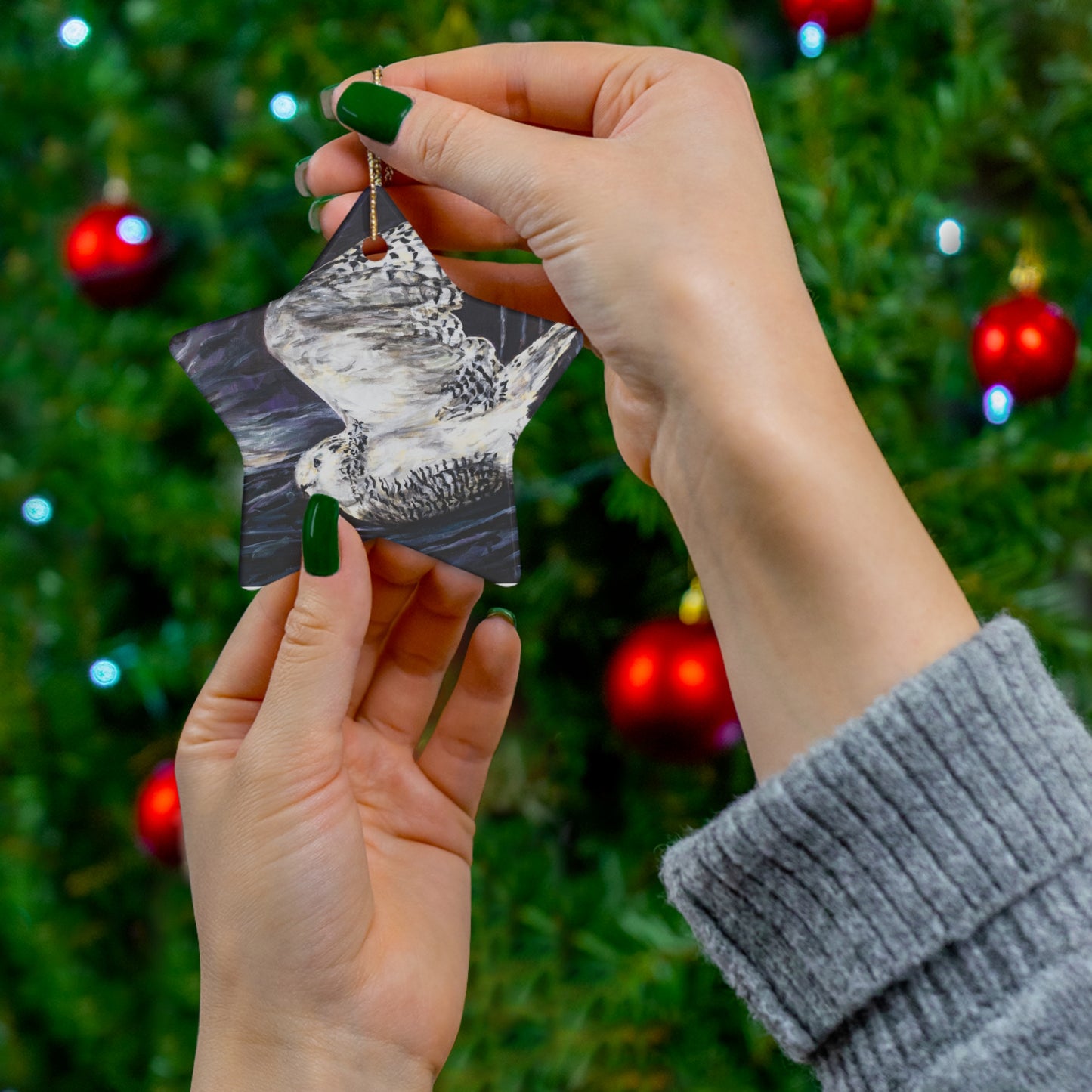 Aurora Snowy Owl under the Northern Lights Ceramic Ornament, 4 Shapes