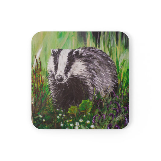 Mrs. Badger out Foraging Corkwood Coaster Set