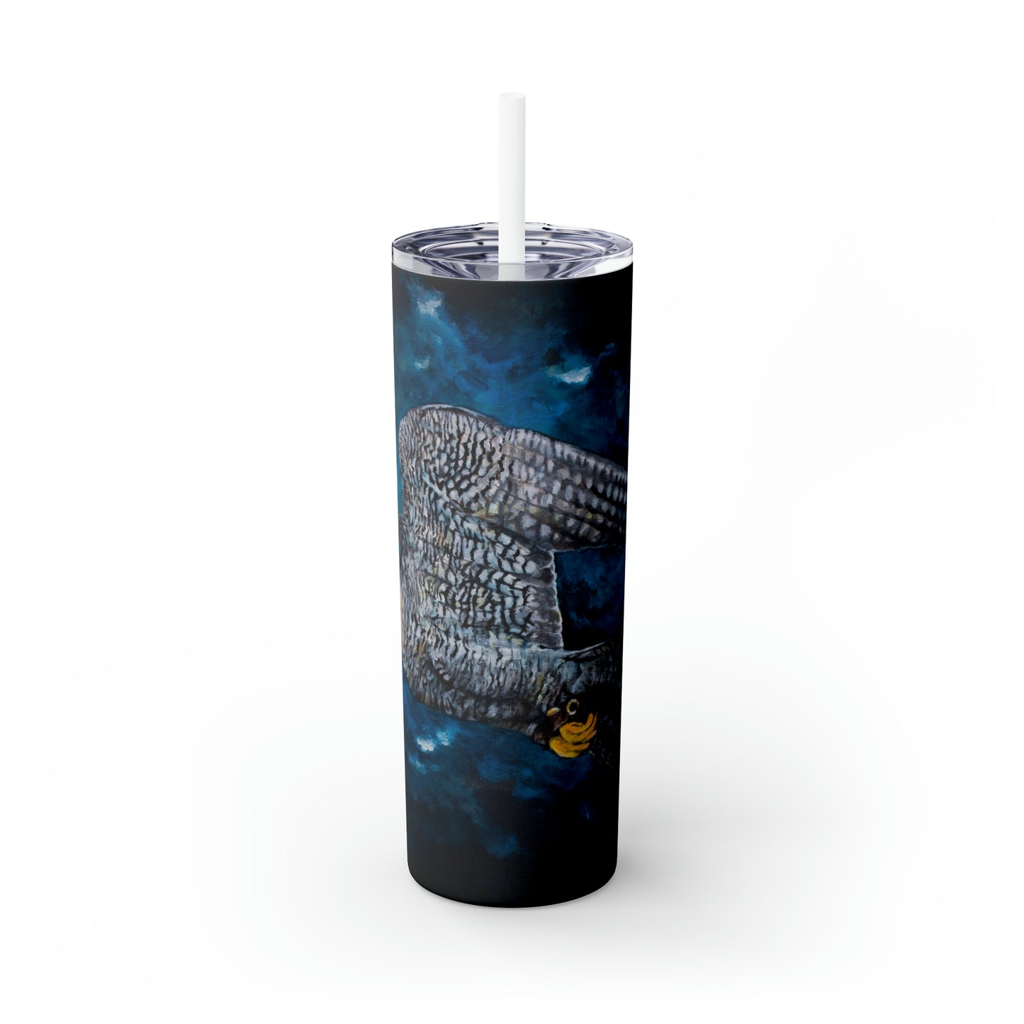 Peregrine Flying Through Moody Sky's Skinny Tumbler with Straw, 20oz