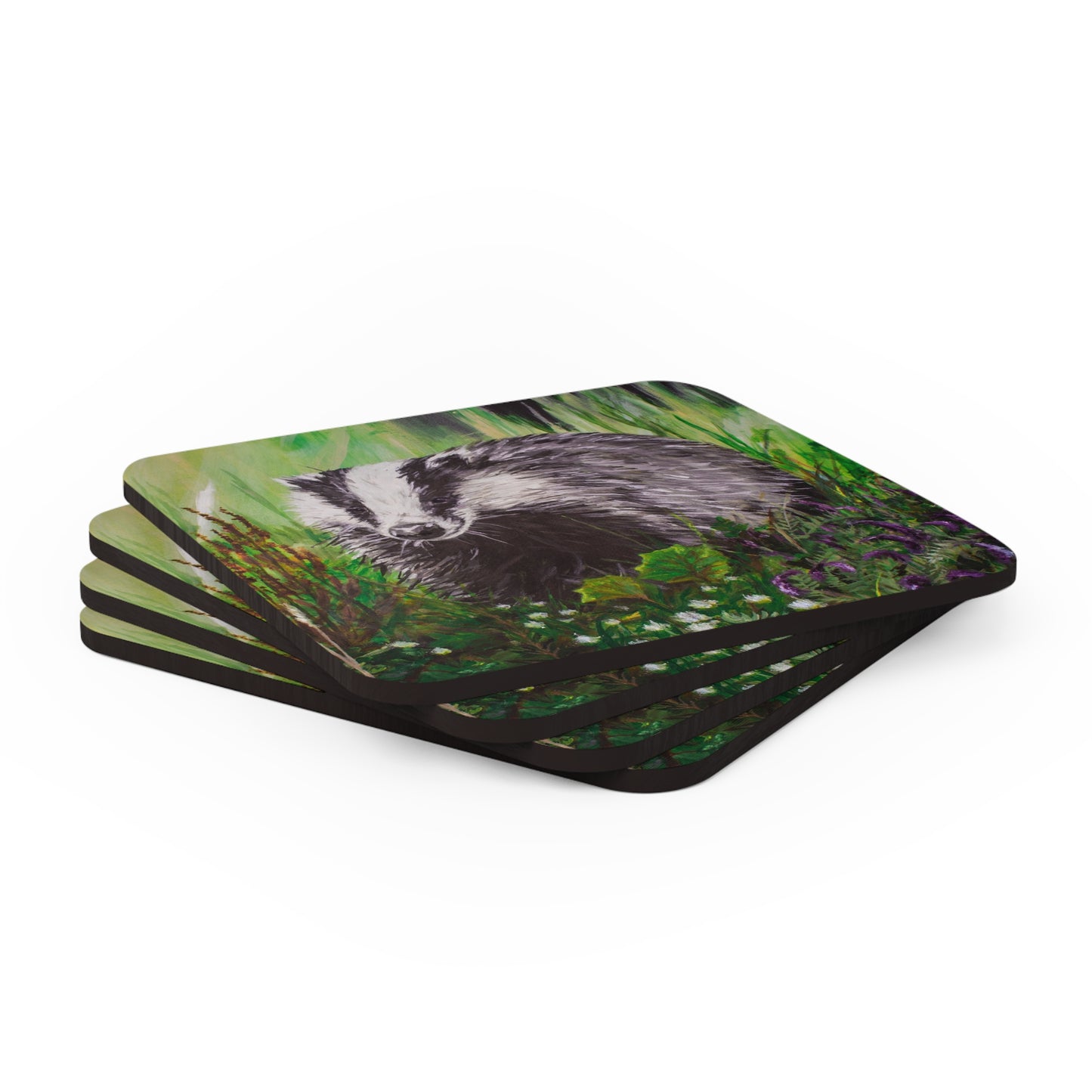 Mrs. Badger out Foraging Corkwood Coaster Set