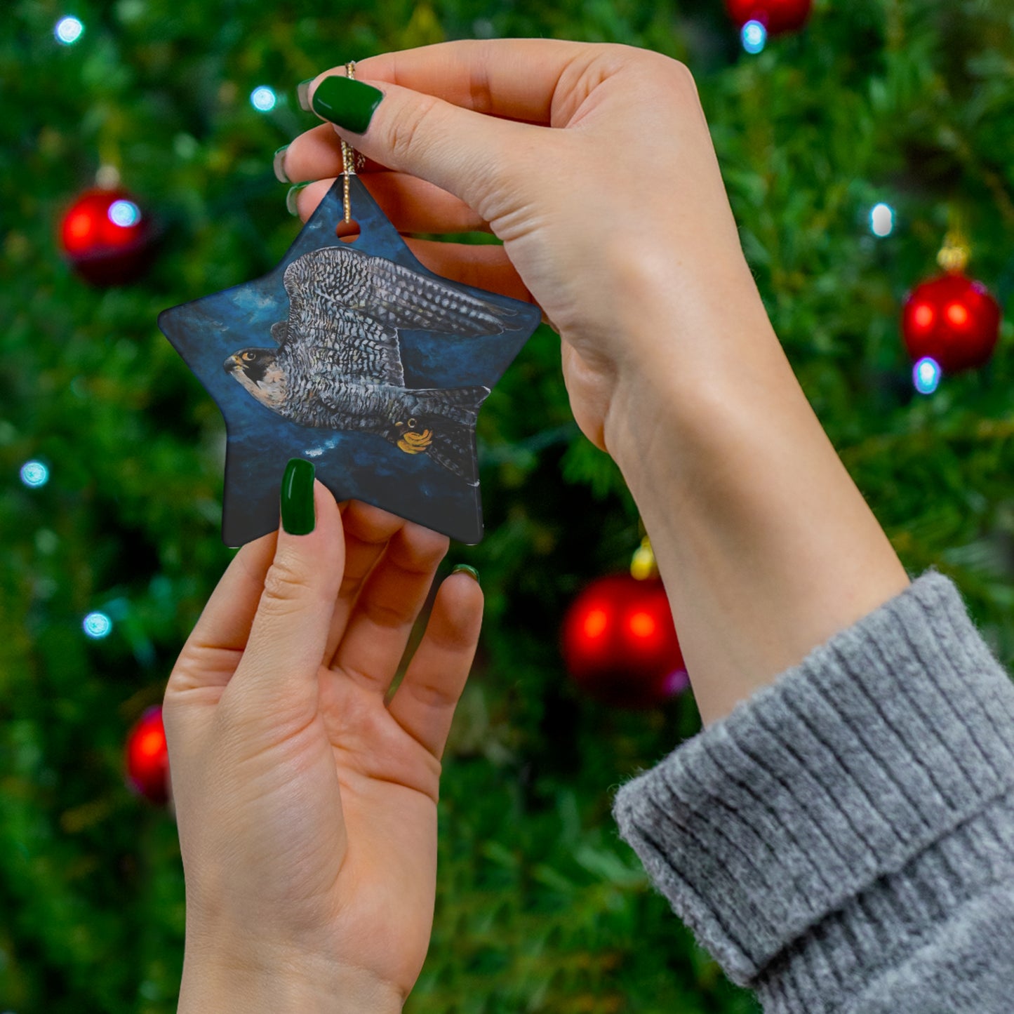 Peregrine Flying Through Moody Sky's Ceramic Ornament, 4 Shapes