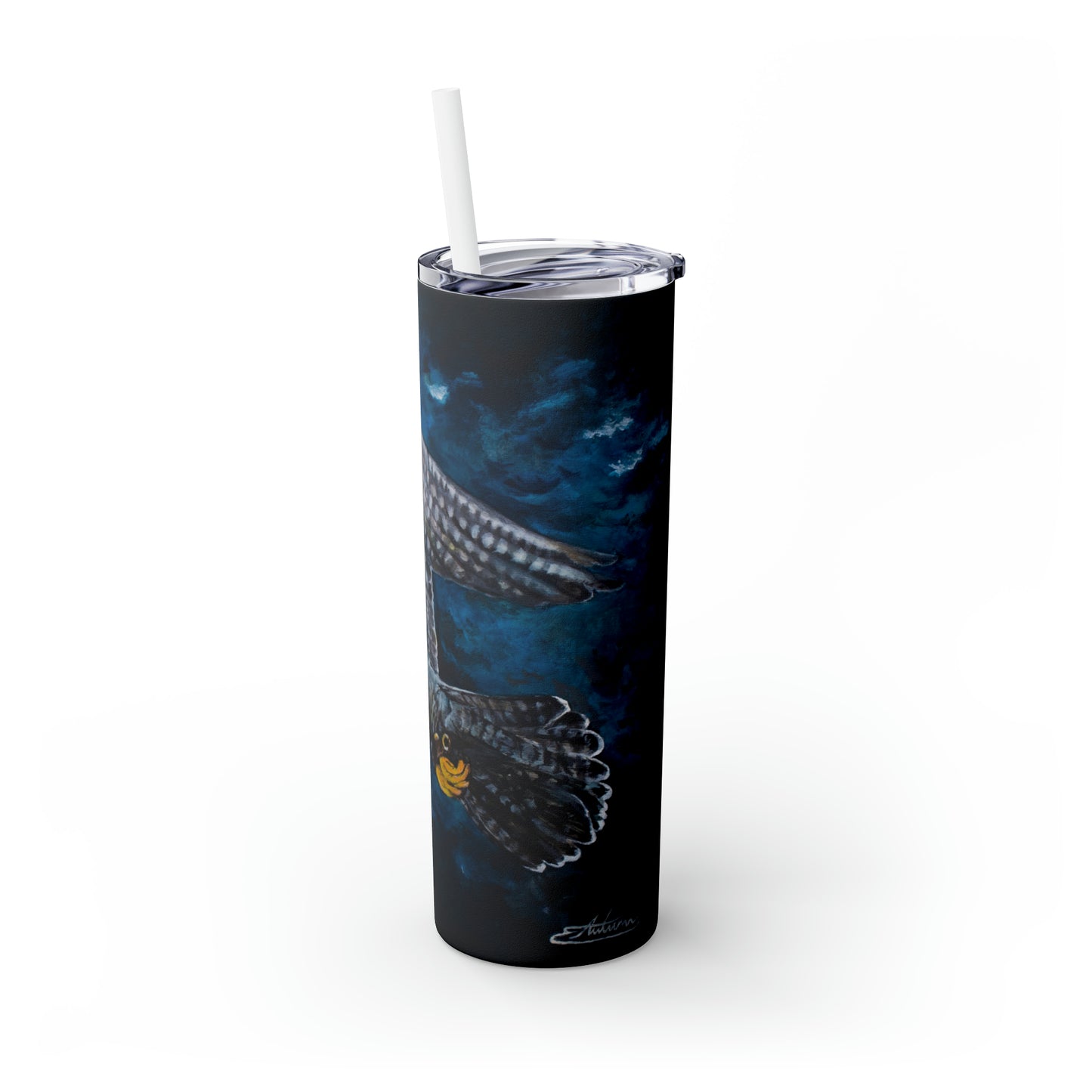 Peregrine Flying Through Moody Sky's Skinny Tumbler with Straw, 20oz