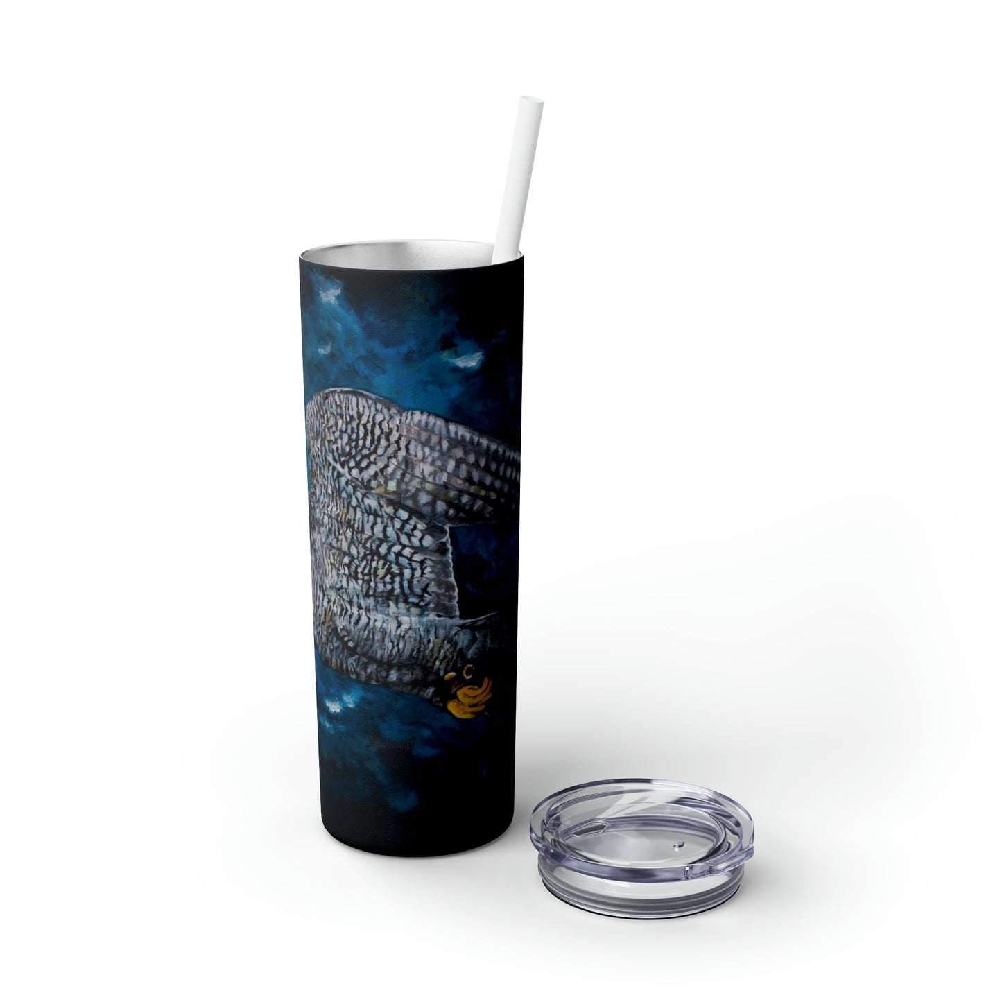 Peregrine Flying Through Moody Sky's Skinny Tumbler with Straw, 20oz