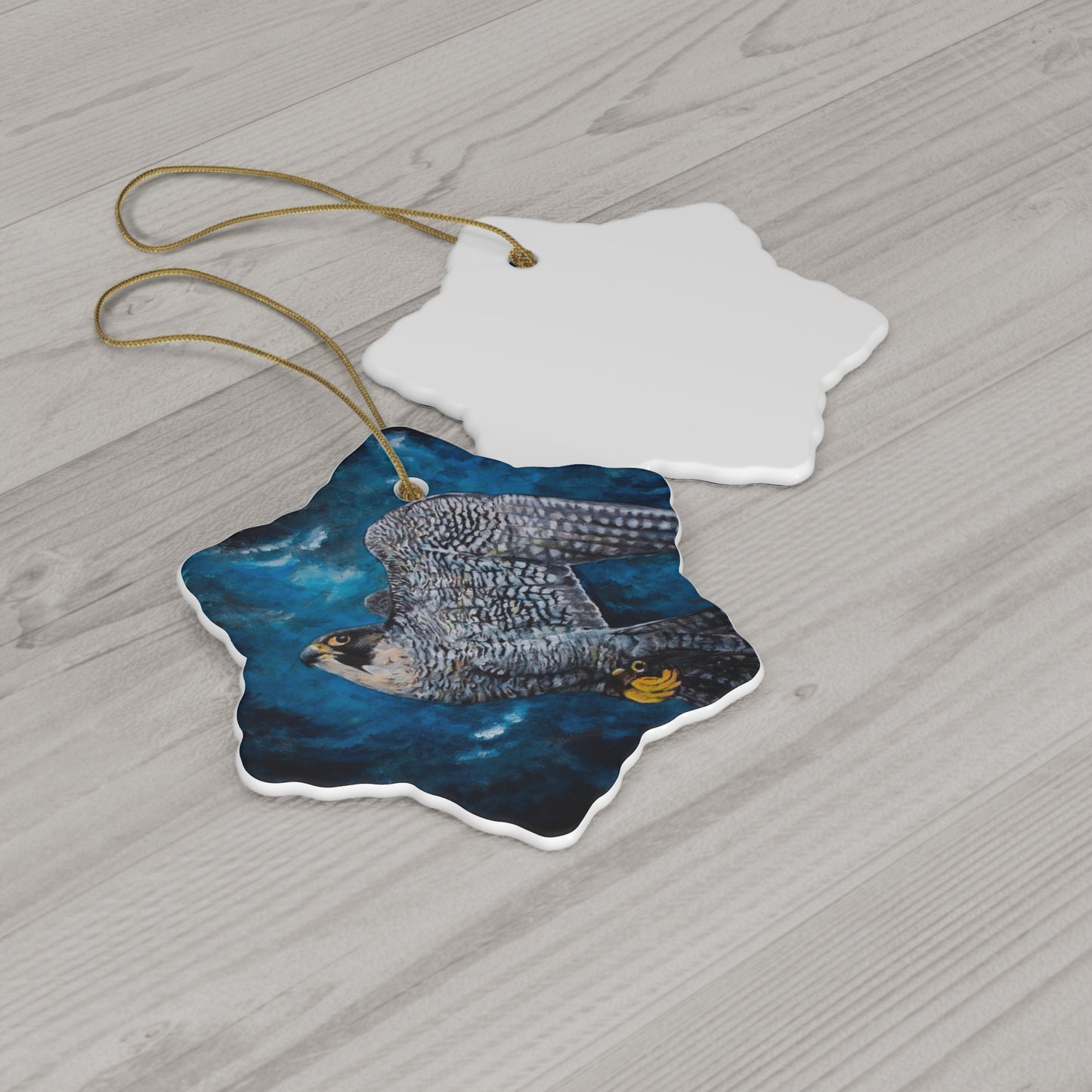 Peregrine Flying Through Moody Sky's Ceramic Ornament, 4 Shapes