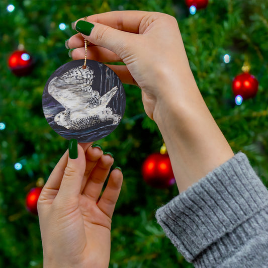 Aurora Snowy Owl under the Northern Lights Ceramic Ornament, 4 Shapes