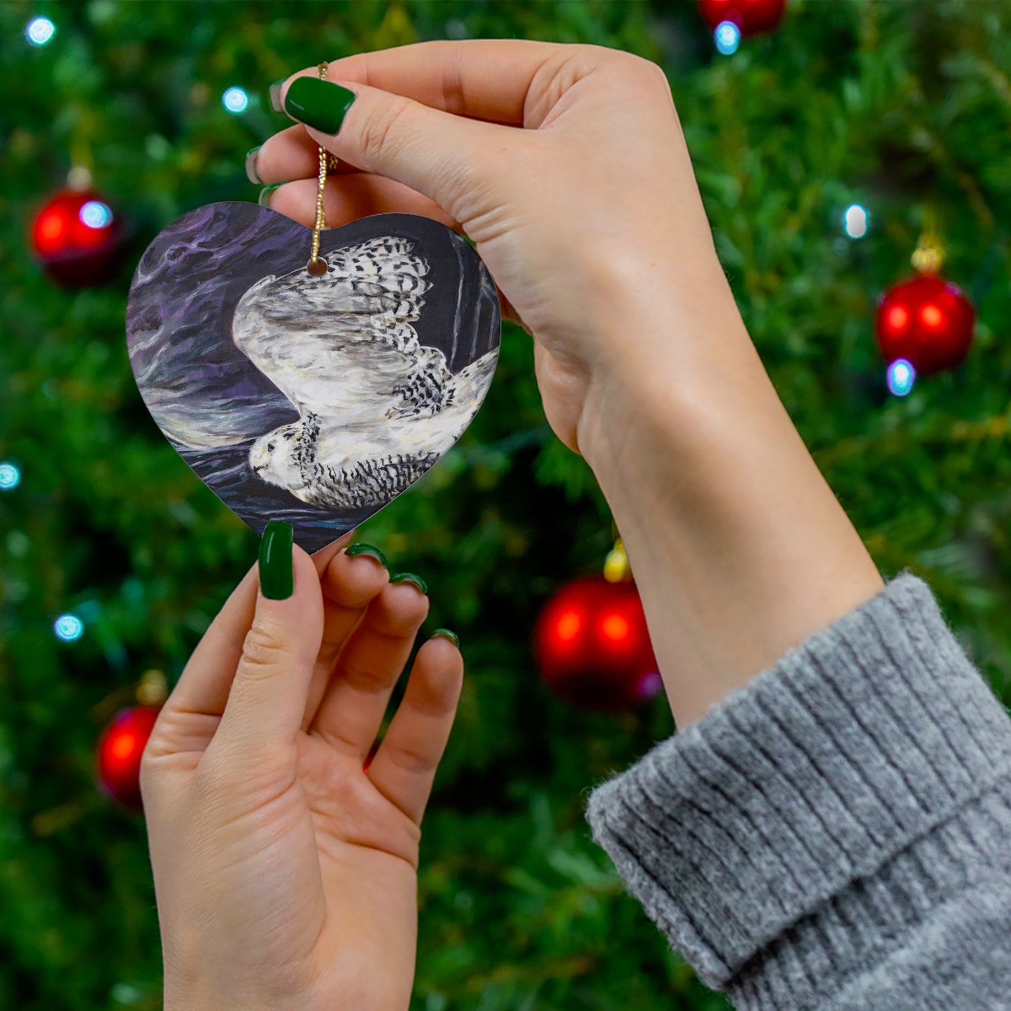 Aurora Snowy Owl under the Northern Lights Ceramic Ornament, 4 Shapes