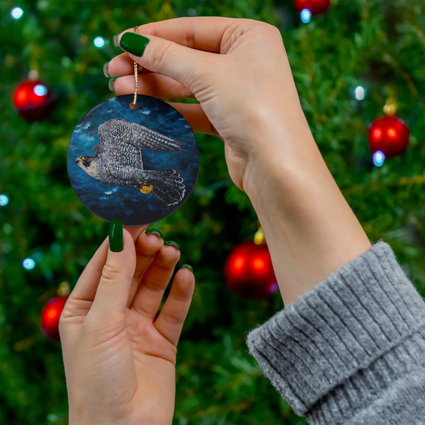 Peregrine Flying Through Moody Sky's Ceramic Ornament, 4 Shapes