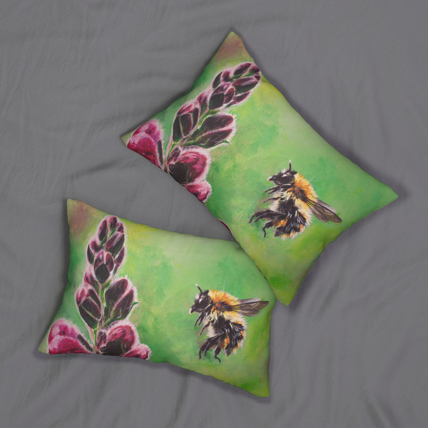 Mr Bumble and his Foxglove Spun Polyester Lumbar Pillow